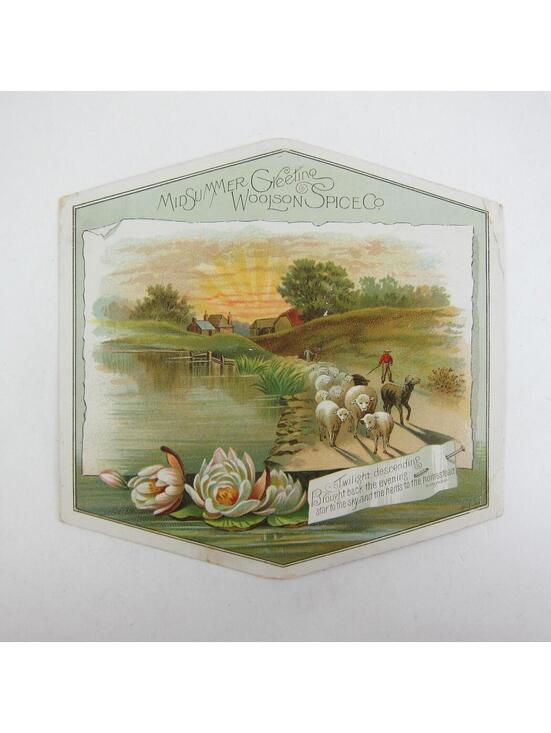 Other - Victorian Trade Card Woolson Spice Co Shepherd Sheep Pond Farm House Flowers Sun